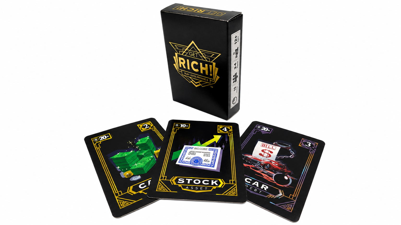 Get Rich! card game tuck box displayed with Cash, Stock, and Car cards
